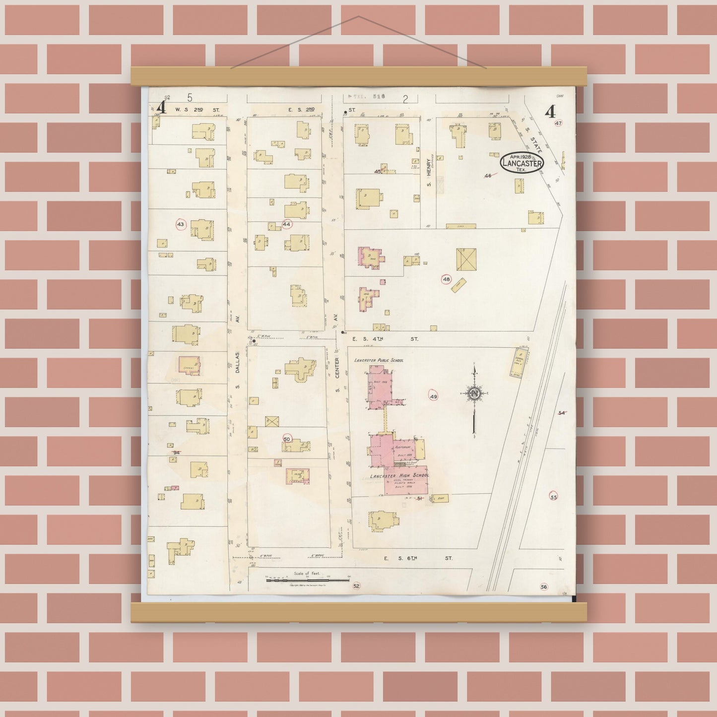Old map wall art mockup — magnetic wood frame on brick wall — Sanborn Fire Insurance Map from Lancaster, Dallas County, Texas (1939), Sheet #0004