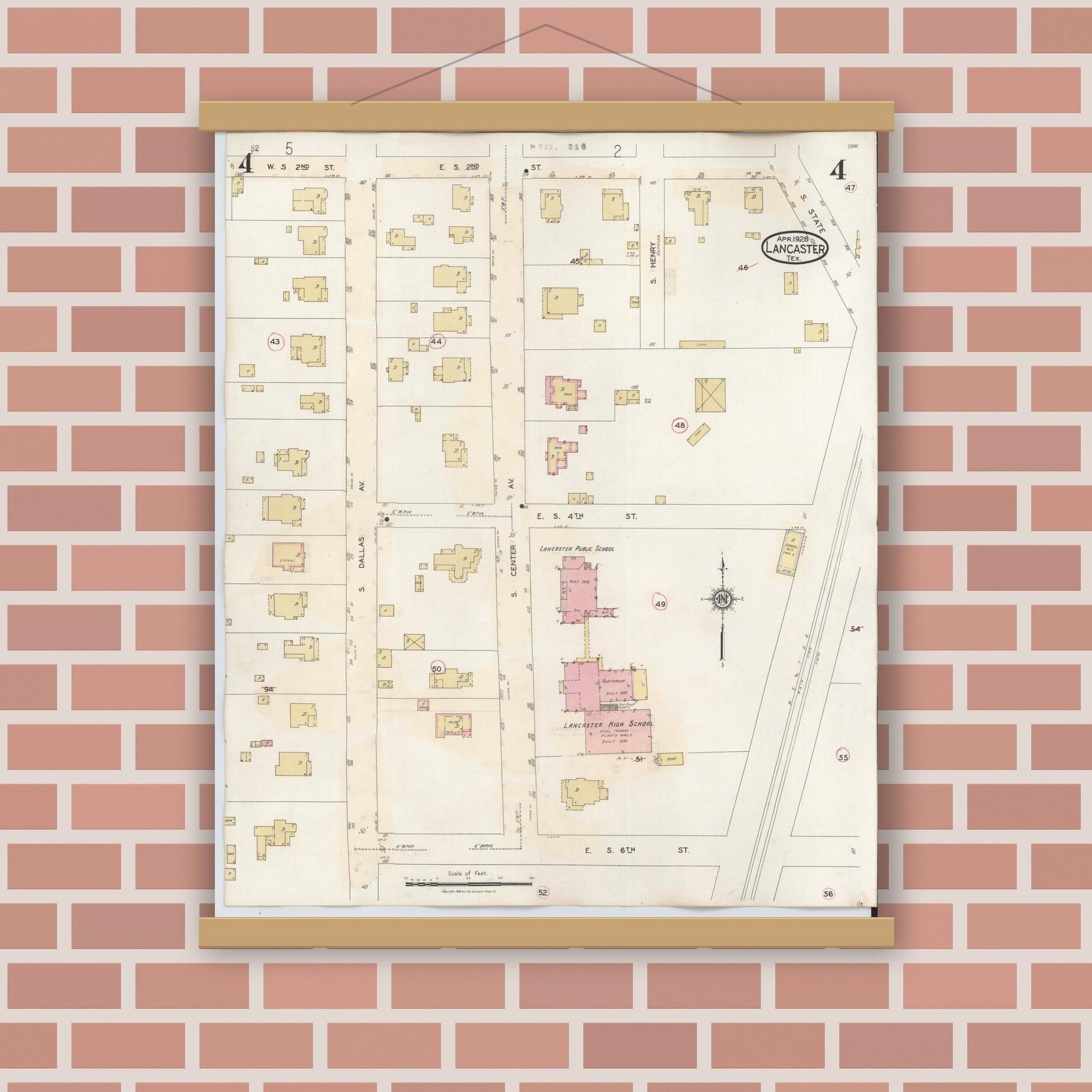 Old map wall art mockup — magnetic wood frame on brick wall — Sanborn Fire Insurance Map from Lancaster, Dallas County, Texas (1939), Sheet #0004