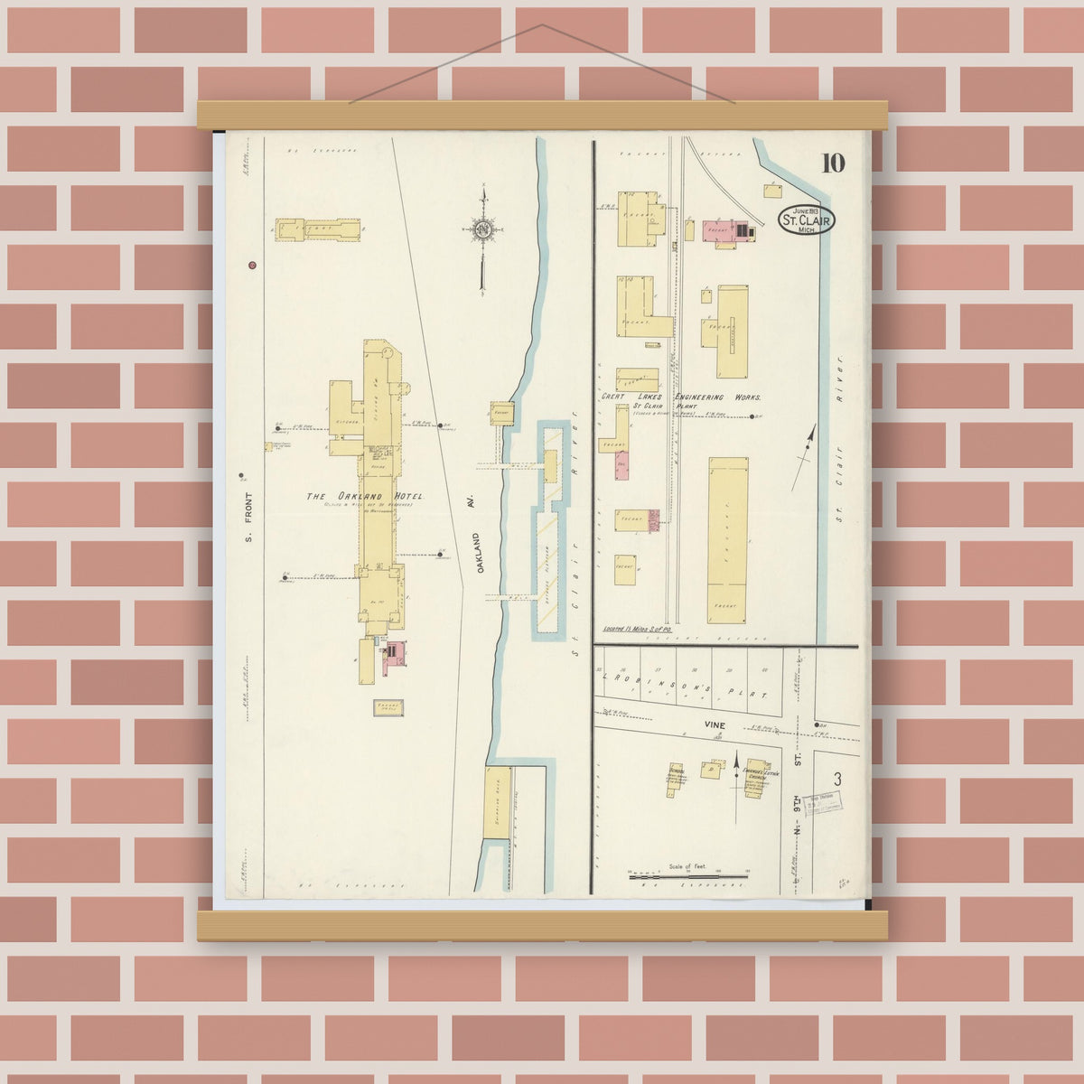 Old map wall art mockup — magnetic wood frame on brick wall — Sanborn Fire Insurance Map from Saint Clair, Saint Clair County, Michigan (1913), Sheet #0010
