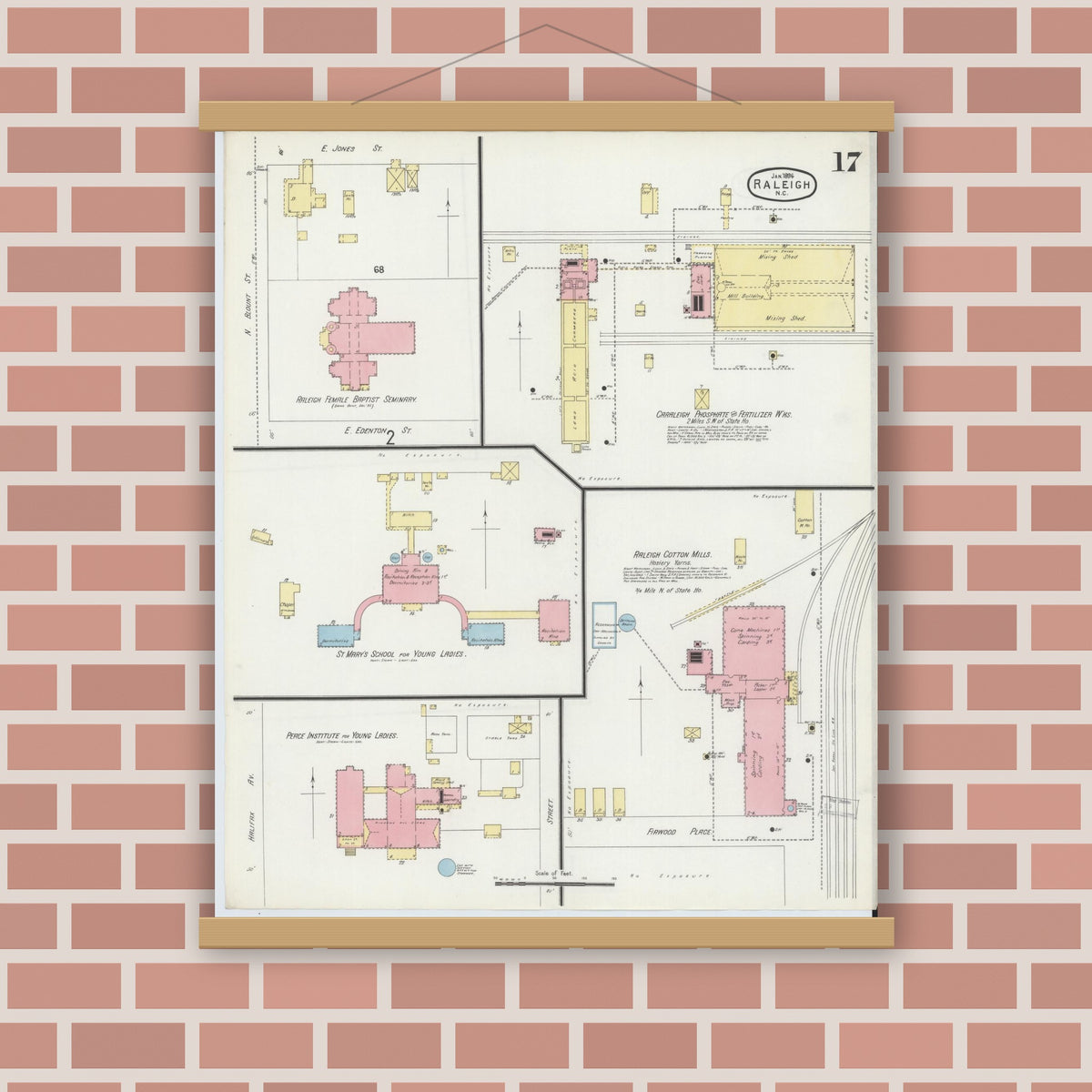 Old map wall art mockup — magnetic wood frame on brick wall — Sanborn Fire Insurance Map from Raleigh, Wake County, North Carolina (1896), Sheet #0017