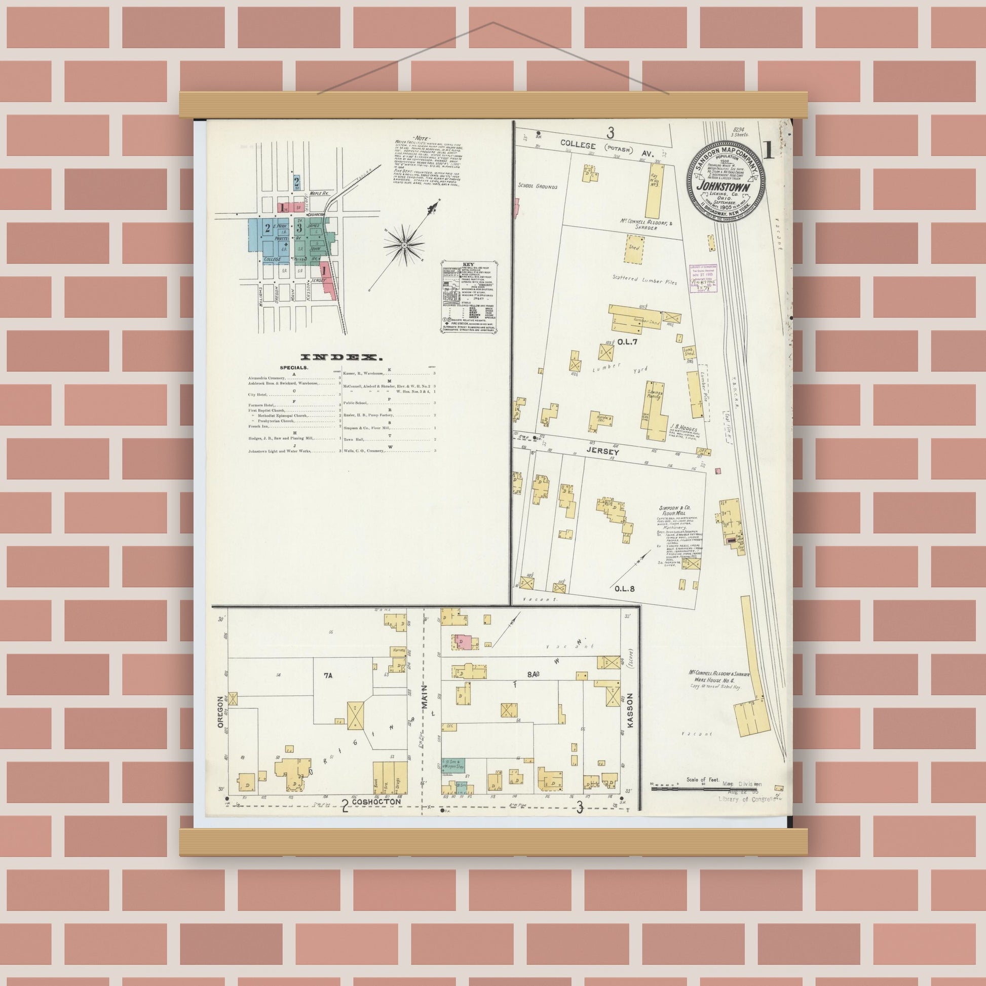 Old map wall art mockup — magnetic wood frame on brick wall — Sanborn Fire Insurance Map from Johnstown, Licking County, Ohio (1905), Sheet #0001