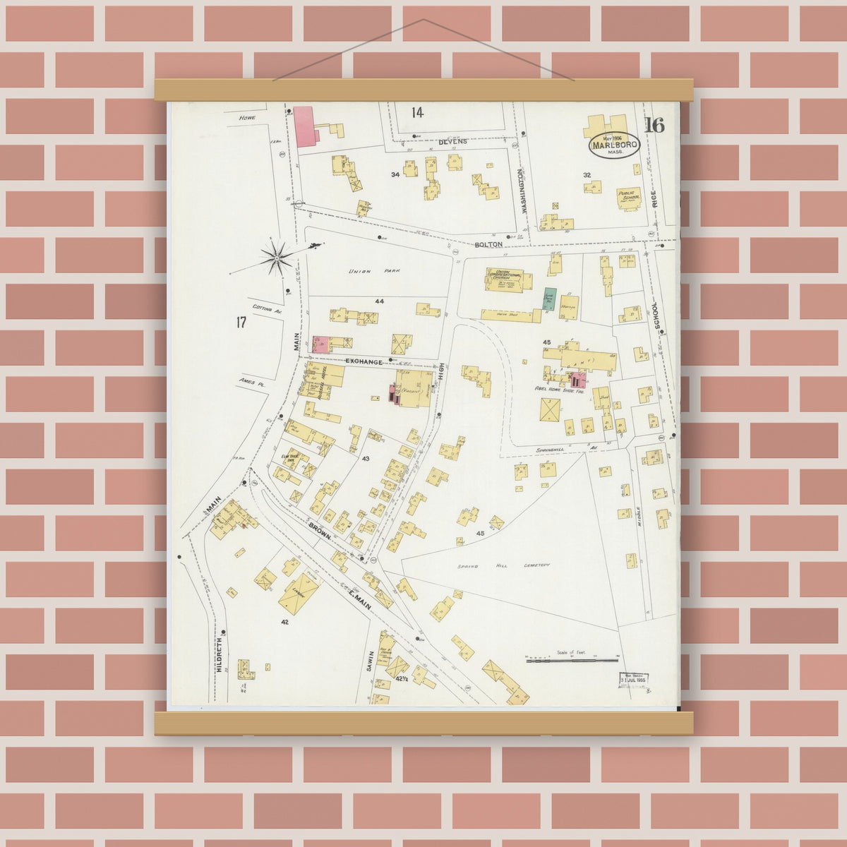 Old map wall art mockup — magnetic wood frame on brick wall — Sanborn Fire Insurance Map from Marlborough, Middlesex County, Massachusetts (1906), Sheet #0016