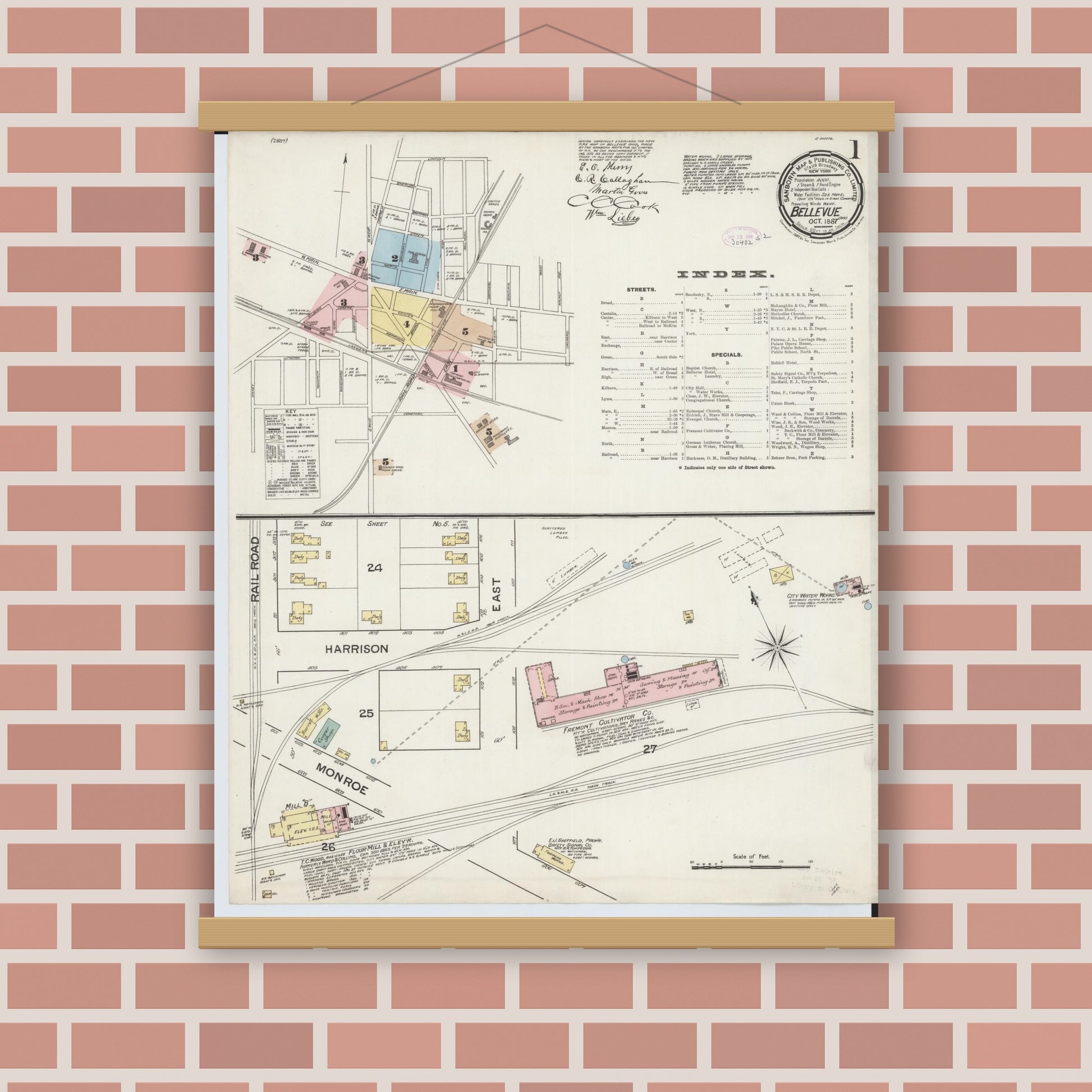 Old map wall art mockup — magnetic wood frame on brick wall — Sanborn Fire Insurance Map from Bellevue, Huron And Sandusky County, Ohio (1887) - Complete Map Set