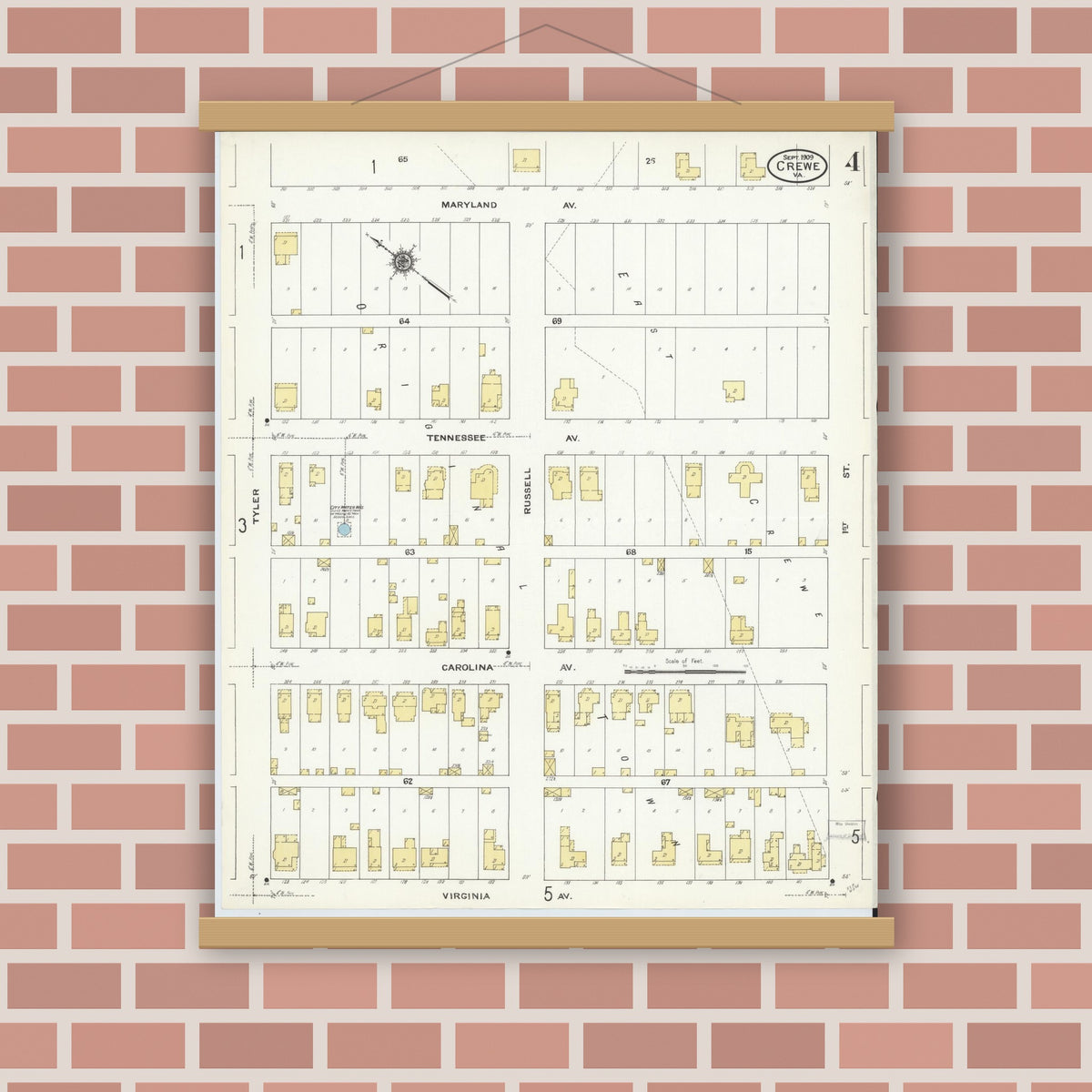 Old map wall art mockup — magnetic wood frame on brick wall — Sanborn Fire Insurance Map from Crewe, Nottoway County, Virginia (1909), Sheet #0004