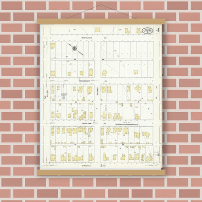 Old map wall art mockup — magnetic wood frame on brick wall — Sanborn Fire Insurance Map from Crewe, Nottoway County, Virginia (1909), Sheet #0004