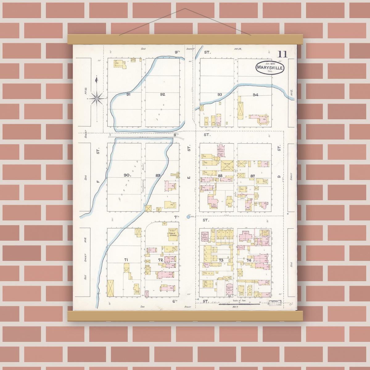 Old map wall art mockup — magnetic wood frame on brick wall — Sanborn Fire Insurance Map from Marysville, Yuba County, California (1890), Sheet #0011