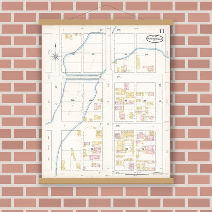 Old map wall art mockup — magnetic wood frame on brick wall — Sanborn Fire Insurance Map from Marysville, Yuba County, California (1890), Sheet #0011