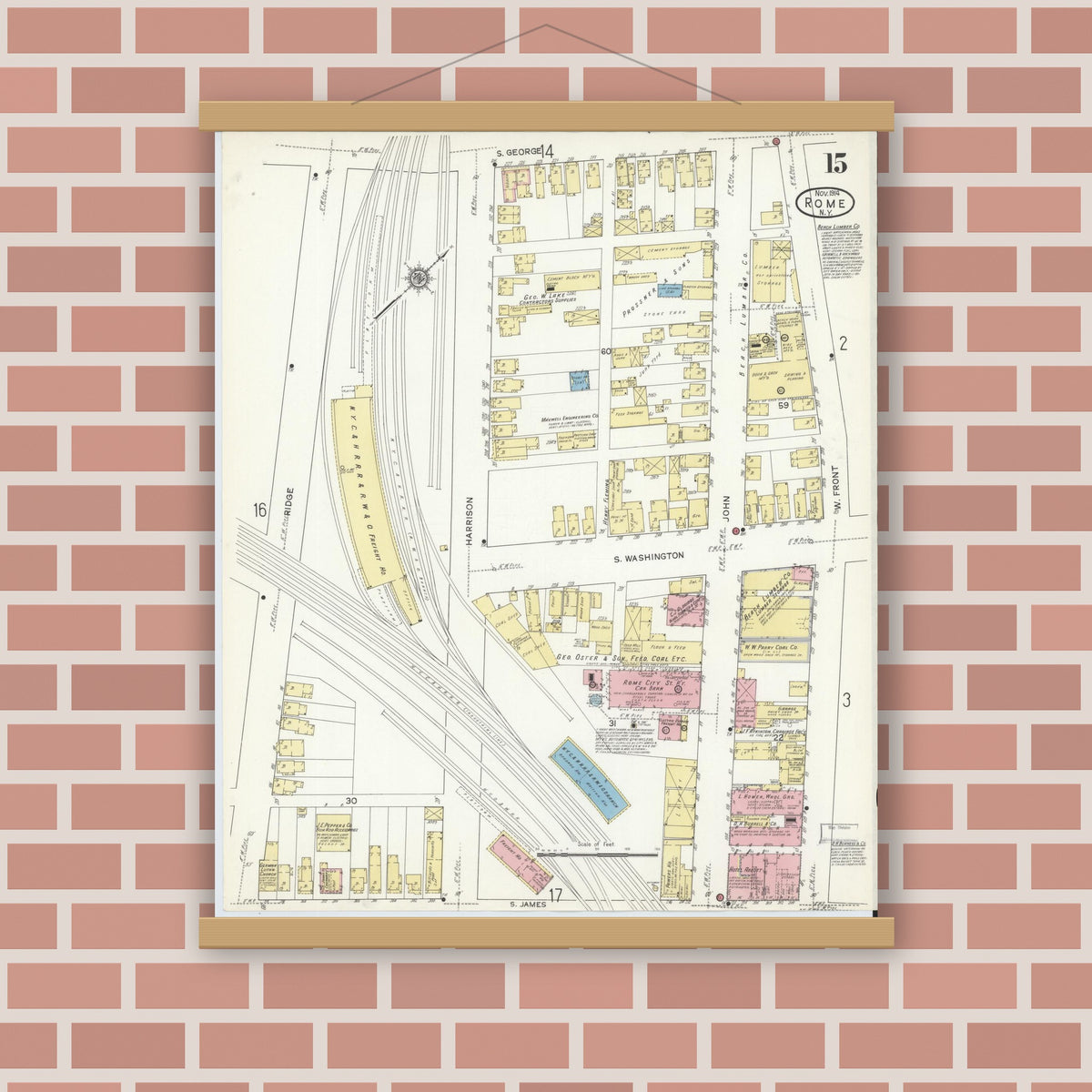 Old map wall art mockup — magnetic wood frame on brick wall — Sanborn Fire Insurance Map from Rome, Oneida County, New York (1914), Sheet #0015