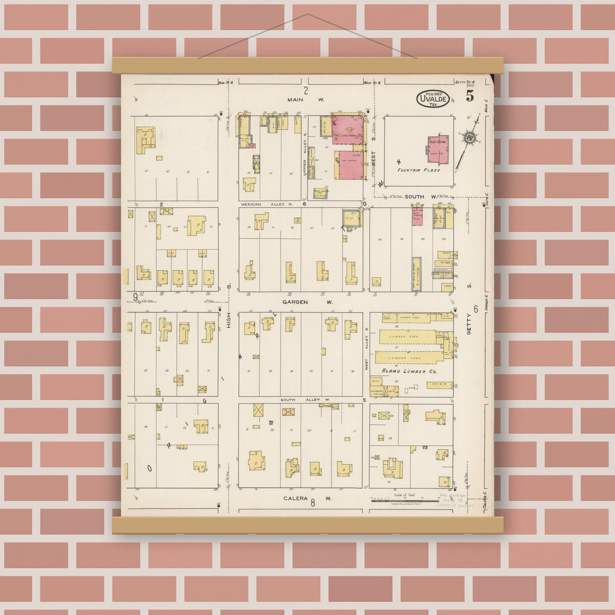 Old map wall art mockup — magnetic wood frame on brick wall — Sanborn Fire Insurance Map from Uvalde, Uvalde County, Texas (1922), Sheet #0005