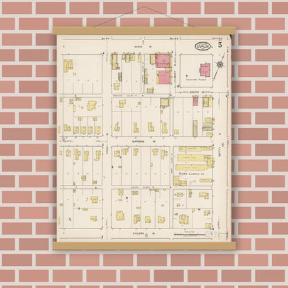 Old map wall art mockup — magnetic wood frame on brick wall — Sanborn Fire Insurance Map from Uvalde, Uvalde County, Texas (1922), Sheet #0005
