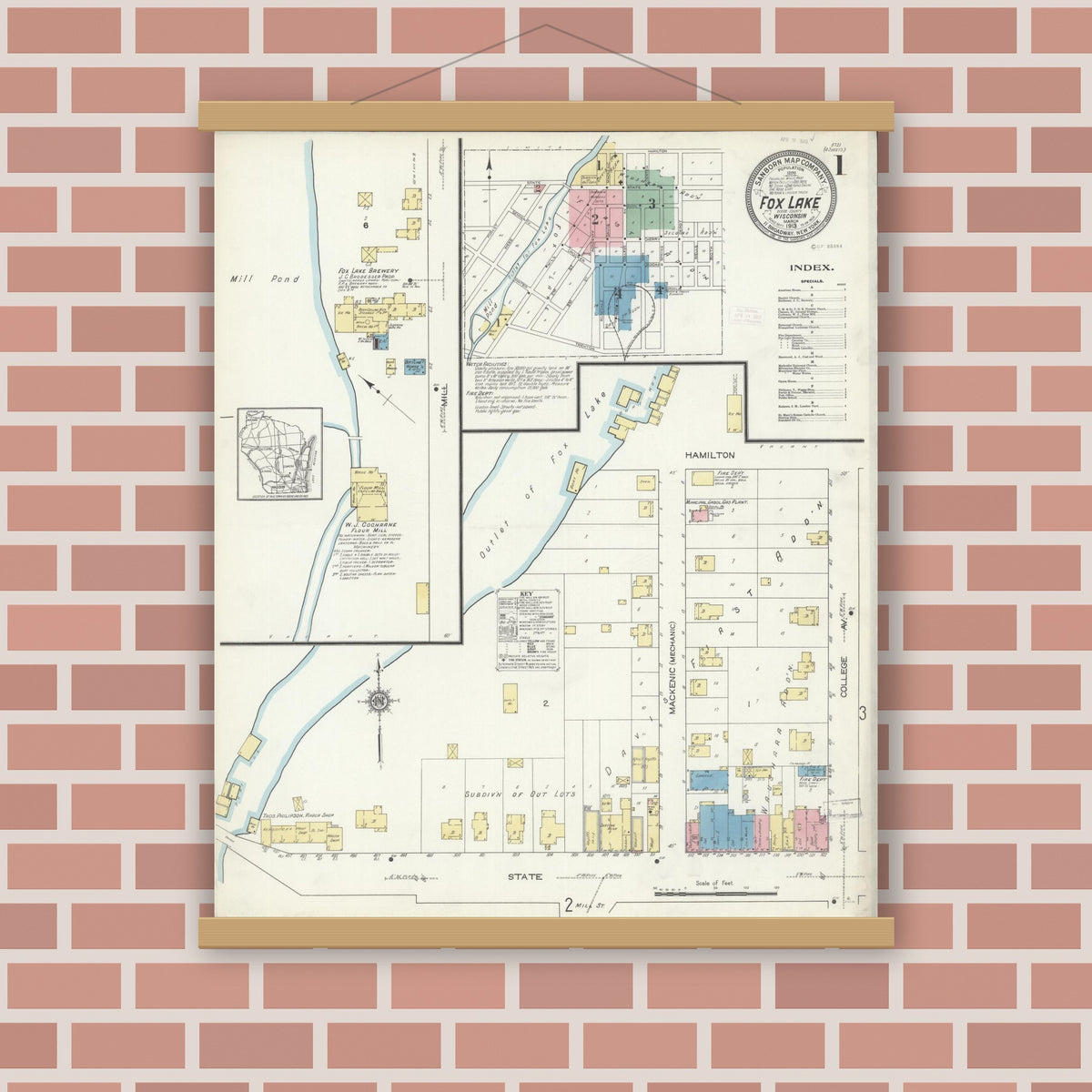 Old map wall art mockup — magnetic wood frame on brick wall — Sanborn Fire Insurance Map from Fox Lake, Dodge County, Wisconsin (1913) - Complete Map Set