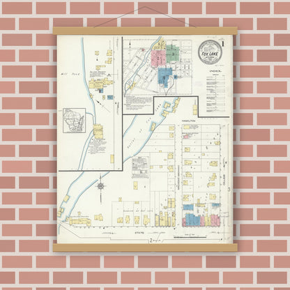 Old map wall art mockup — magnetic wood frame on brick wall — Sanborn Fire Insurance Map from Fox Lake, Dodge County, Wisconsin (1913) - Complete Map Set