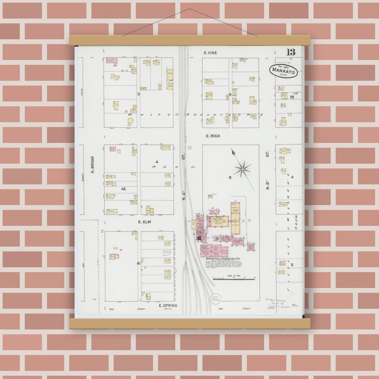 Old map wall art mockup — magnetic wood frame on brick wall — Sanborn Fire Insurance Map from Mankato, Blue Earth County, Minnesota (1889), Sheet #0013