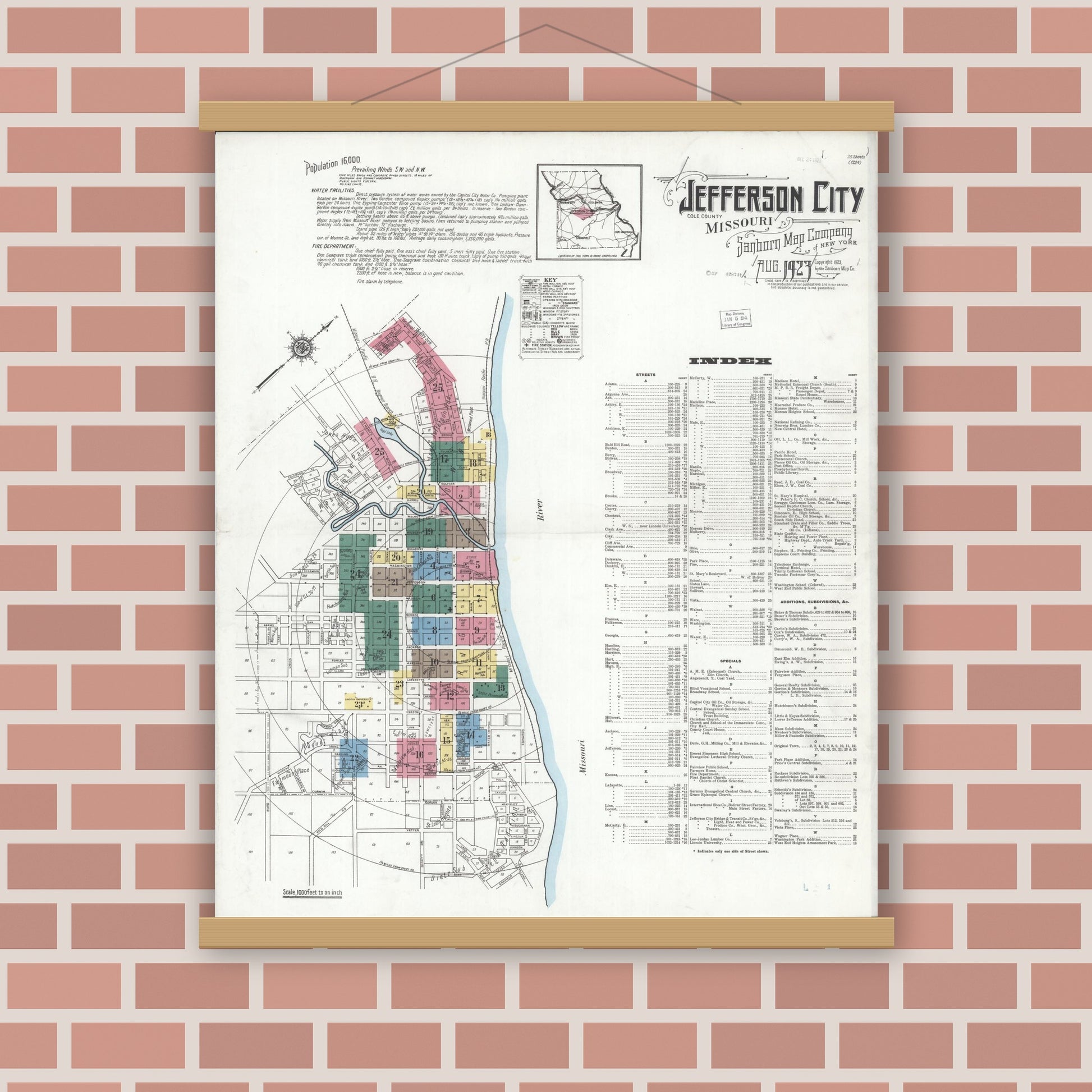 Old map wall art mockup — magnetic wood frame on brick wall — Sanborn Fire Insurance Map from Jefferson City, Cole County, Missouri (1923), Sheet #0001