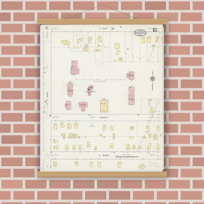 Old map wall art mockup — magnetic wood frame on brick wall — Sanborn Fire Insurance Map from Owatonna, Steele County, Minnesota (1915), Sheet #0015