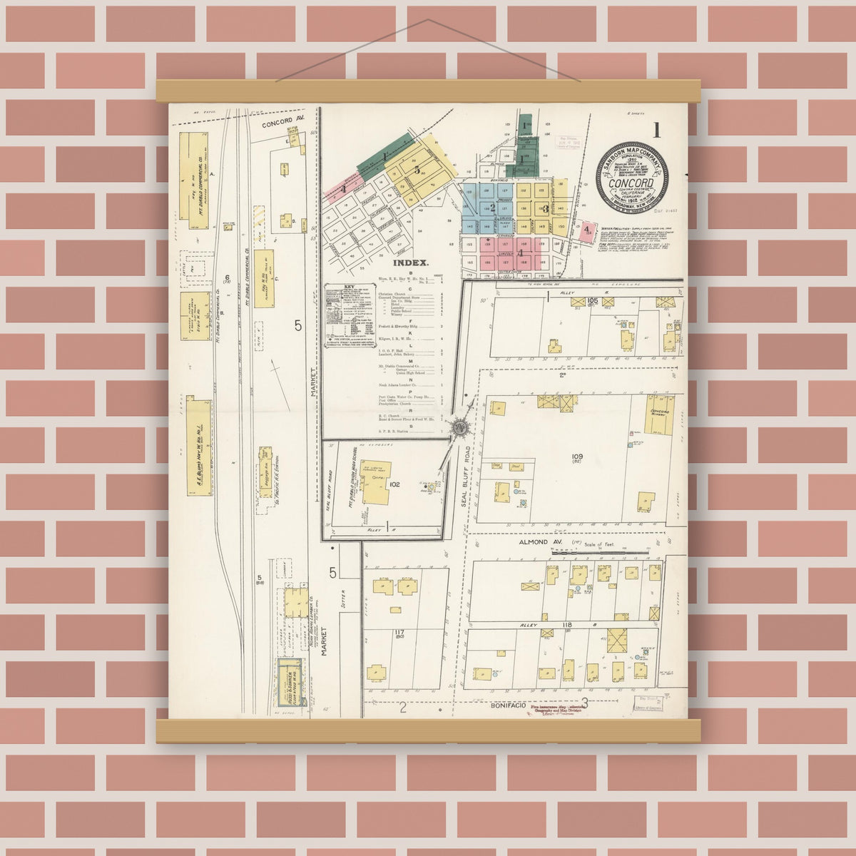 Old map wall art mockup — magnetic wood frame on brick wall — Sanborn Fire Insurance Map from Concord, Contra Costa County, California (1912) - Complete Map Set