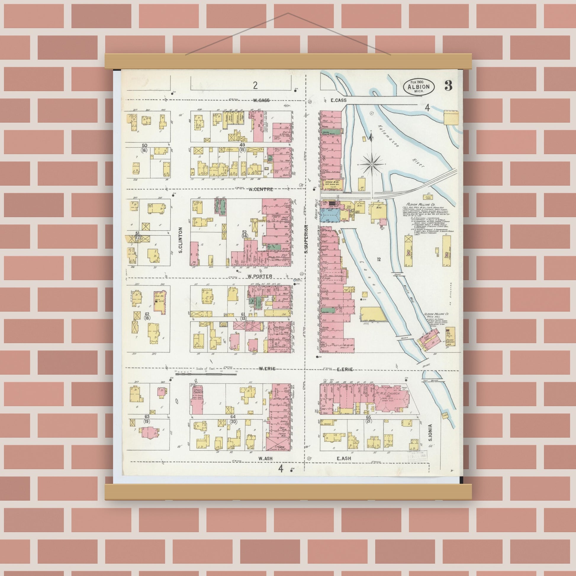 Old map wall art mockup — magnetic wood frame on brick wall — Sanborn Fire Insurance Map from Albion, Calhoun County, Michigan (1900), Sheet #0003