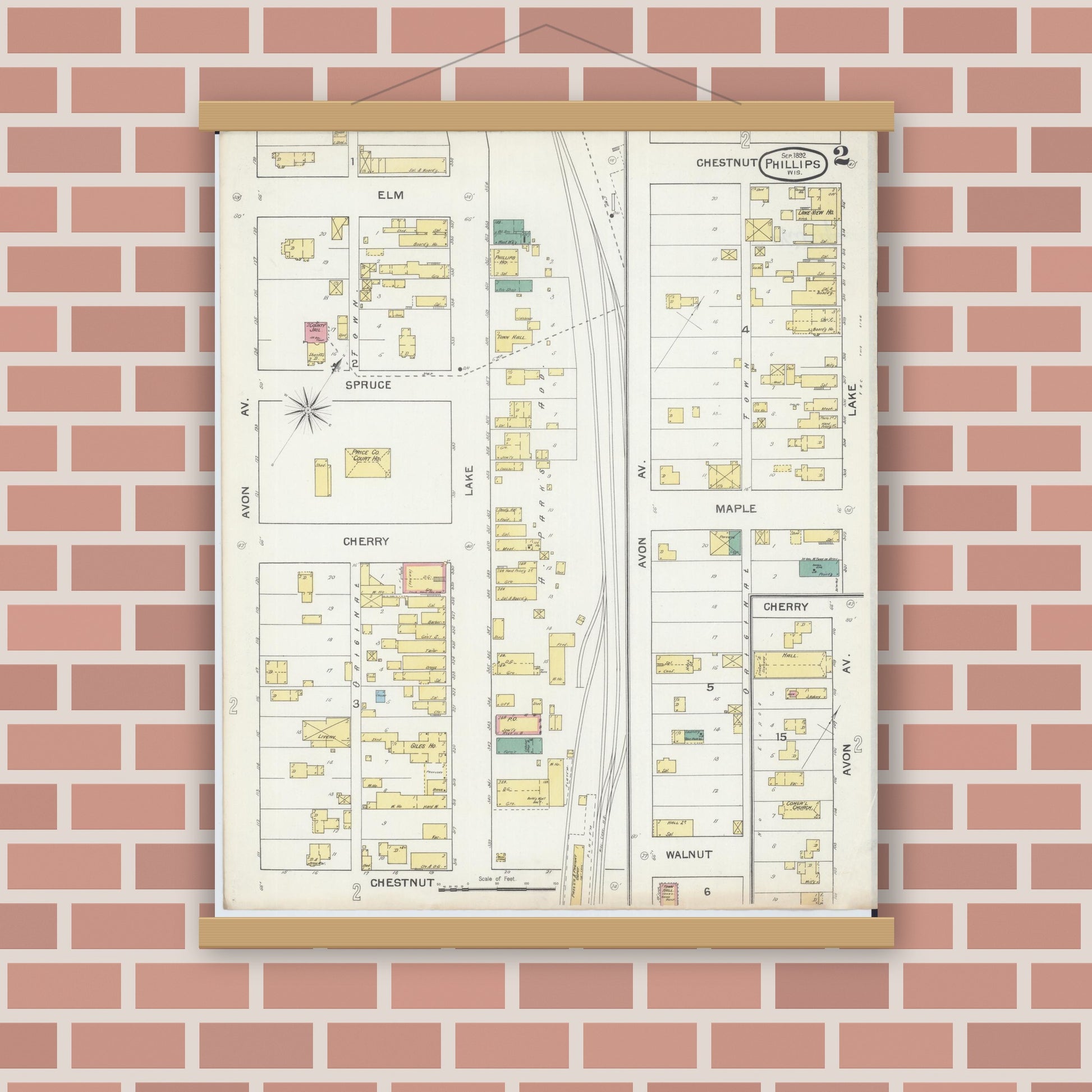 Old map wall art mockup — magnetic wood frame on brick wall — Sanborn Fire Insurance Map from Phillips, Price County, Wisconsin (1892), Sheet #0002