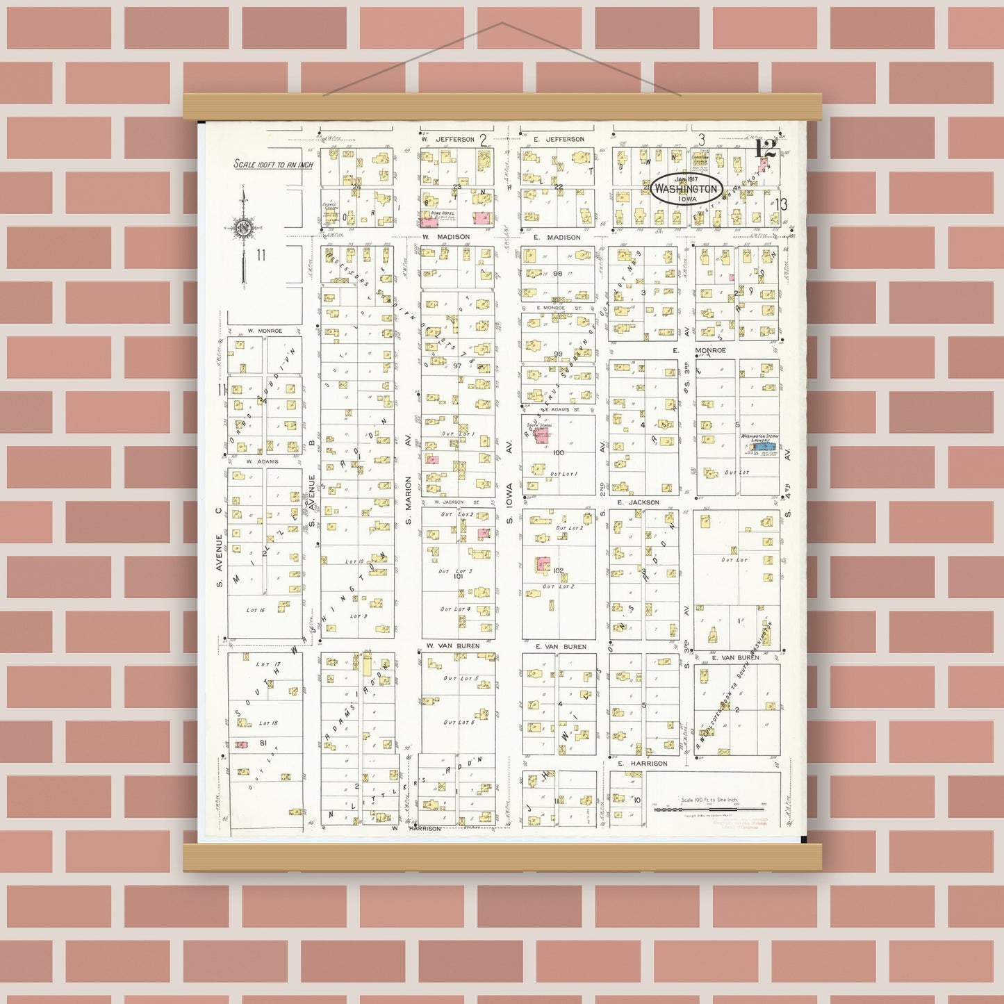 Old map wall art mockup — magnetic wood frame on brick wall — Sanborn Fire Insurance Map from Washington, Washington County, Iowa (1917), Sheet #0012