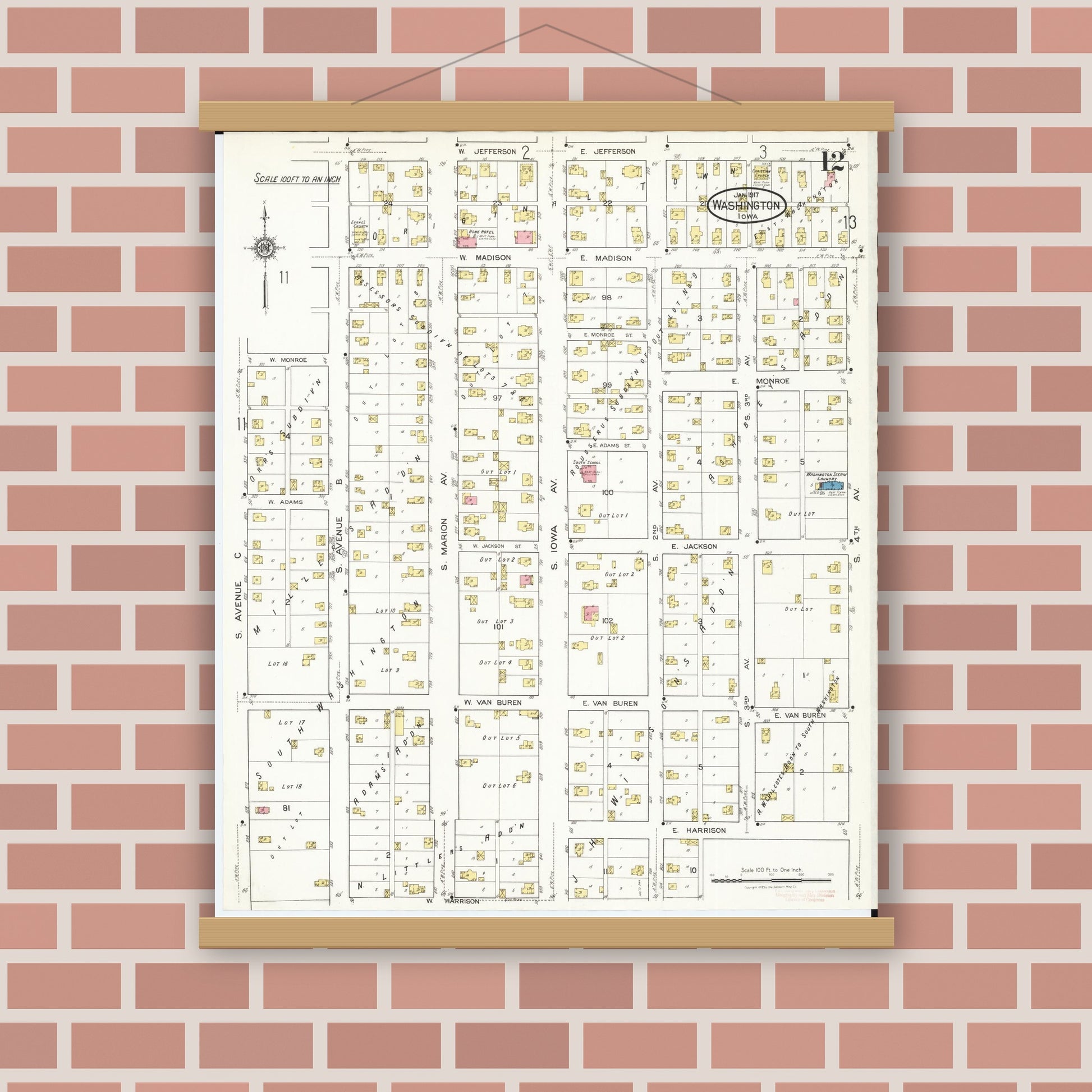Old map wall art mockup — magnetic wood frame on brick wall — Sanborn Fire Insurance Map from Washington, Washington County, Iowa (1917), Sheet #0012