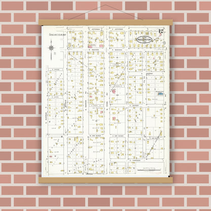 Old map wall art mockup — magnetic wood frame on brick wall — Sanborn Fire Insurance Map from Washington, Washington County, Iowa (1917), Sheet #0012
