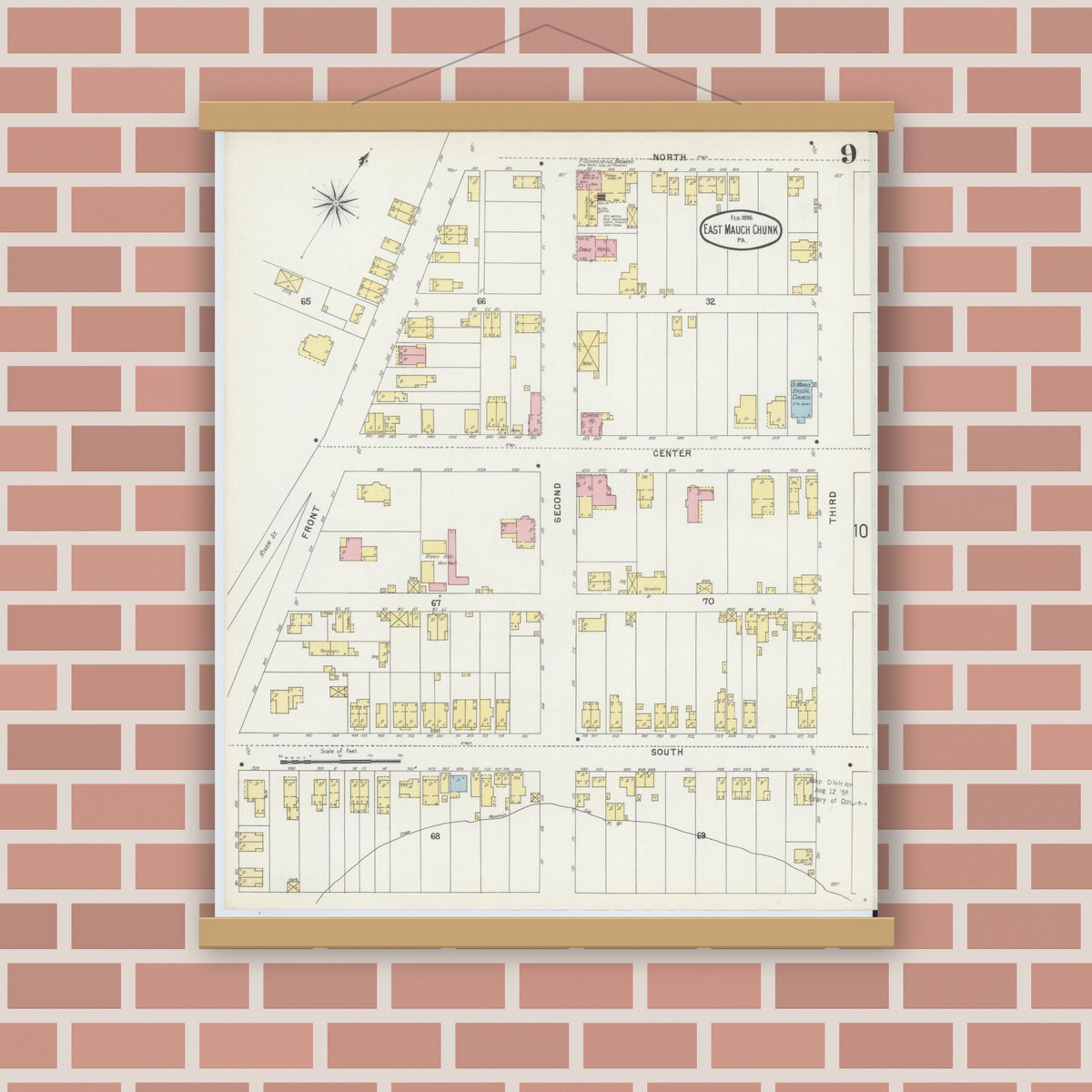 Old map wall art mockup — magnetic wood frame on brick wall — Sanborn Fire Insurance Map from Mauch Chunk, Carbon County, Pennsylvania (1896), Sheet #0009