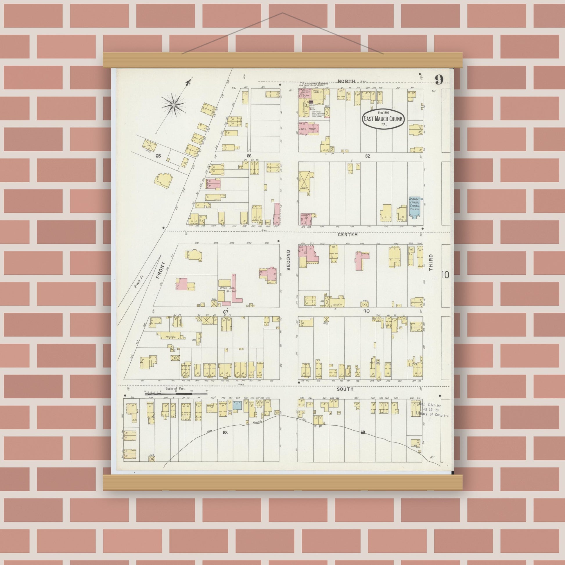 Old map wall art mockup — magnetic wood frame on brick wall — Sanborn Fire Insurance Map from Mauch Chunk, Carbon County, Pennsylvania (1896), Sheet #0009