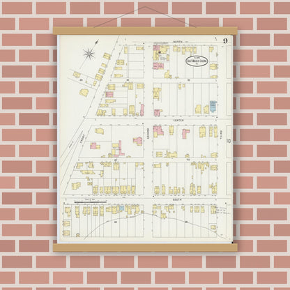 Old map wall art mockup — magnetic wood frame on brick wall — Sanborn Fire Insurance Map from Mauch Chunk, Carbon County, Pennsylvania (1896), Sheet #0009