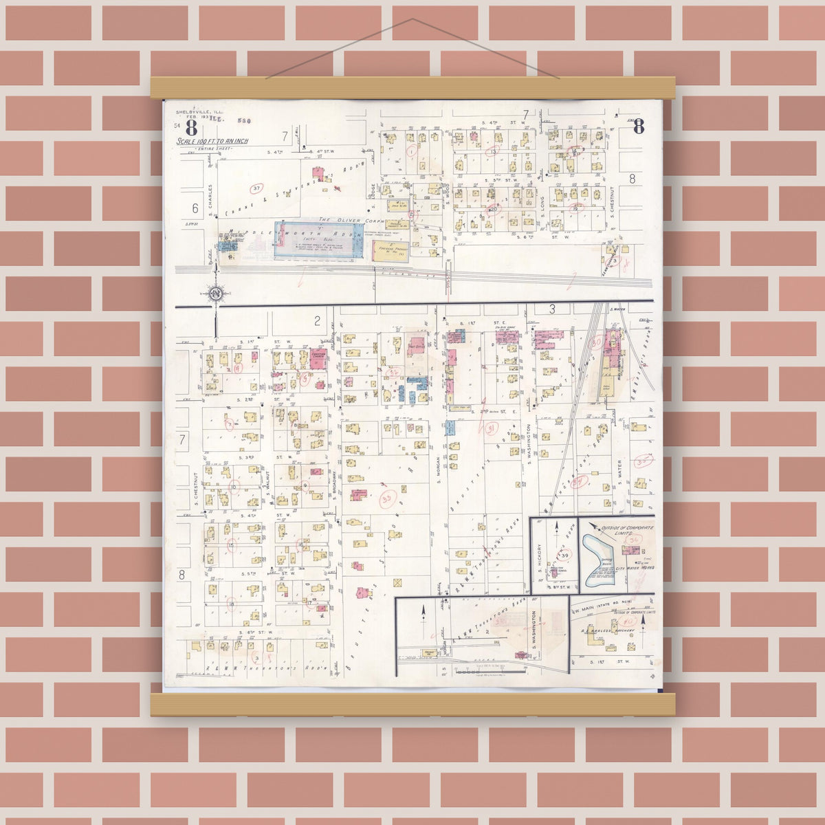 Old map wall art mockup — magnetic wood frame on brick wall — Sanborn Fire Insurance Map from Shelbyville, Shelby County, Illinois (1941), Sheet #0008