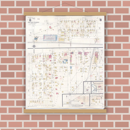 Old map wall art mockup — magnetic wood frame on brick wall — Sanborn Fire Insurance Map from Shelbyville, Shelby County, Illinois (1941), Sheet #0008