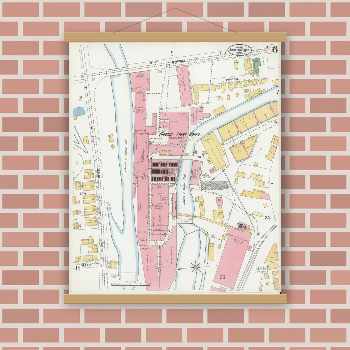 Old map wall art mockup — magnetic wood frame on brick wall — Sanborn Fire Insurance Map from North Adams, Berkshire County, Massachusetts (1901), Sheet #0006
