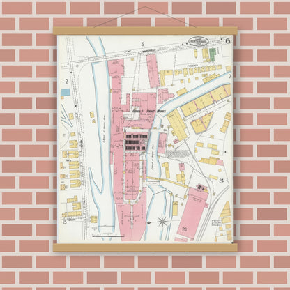 Old map wall art mockup — magnetic wood frame on brick wall — Sanborn Fire Insurance Map from North Adams, Berkshire County, Massachusetts (1901), Sheet #0006