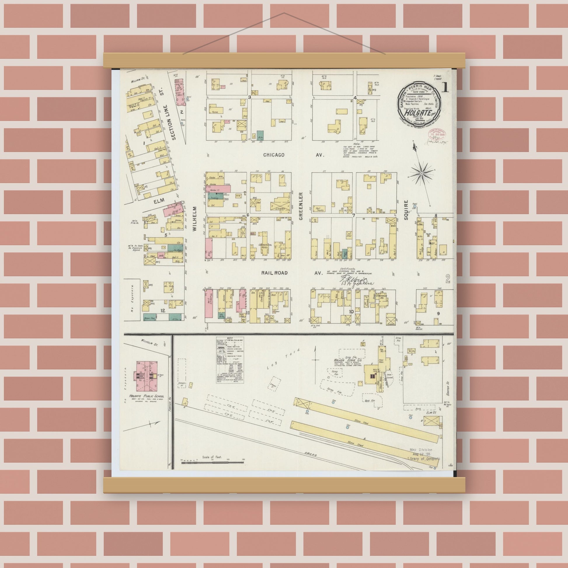 Old map wall art mockup — magnetic wood frame on brick wall — Sanborn Fire Insurance Map from Holgate, Henry County, Ohio (1895), Sheet #0001