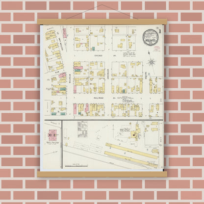 Old map wall art mockup — magnetic wood frame on brick wall — Sanborn Fire Insurance Map from Holgate, Henry County, Ohio (1895), Sheet #0001