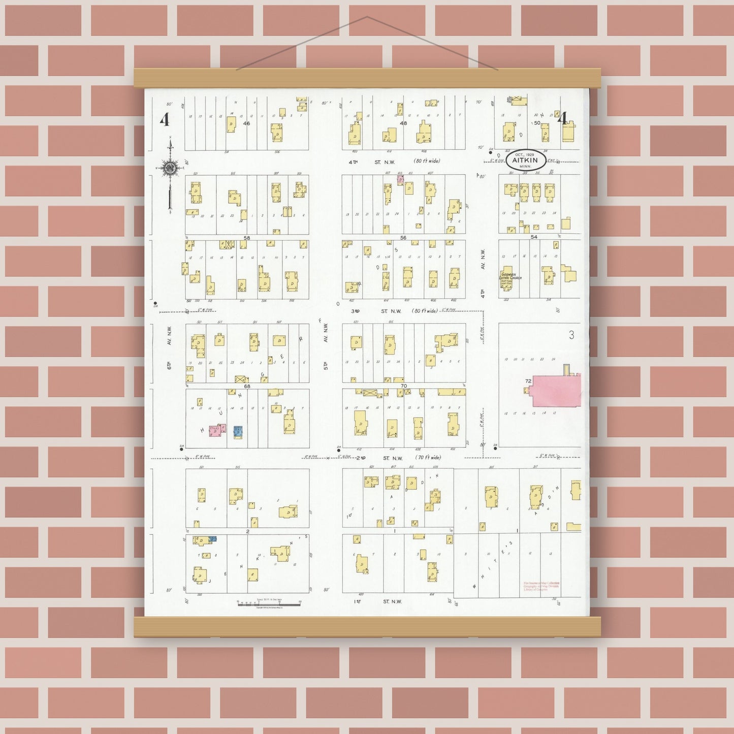 Old map wall art mockup — magnetic wood frame on brick wall — Sanborn Fire Insurance Map from Aitkin, Aitkin County, Minnesota (1929), Sheet #0004