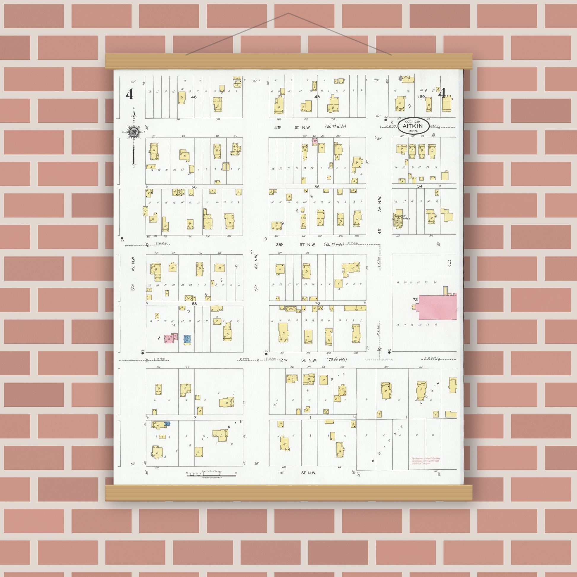 Old map wall art mockup — magnetic wood frame on brick wall — Sanborn Fire Insurance Map from Aitkin, Aitkin County, Minnesota (1929), Sheet #0004