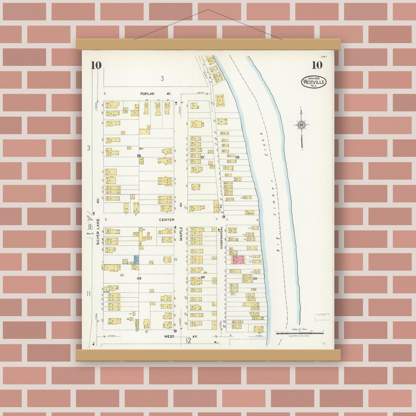 Old map wall art mockup — magnetic wood frame on brick wall — Sanborn Fire Insurance Map from Westville, Gloucester County, New Jersey (1926), Sheet #0010