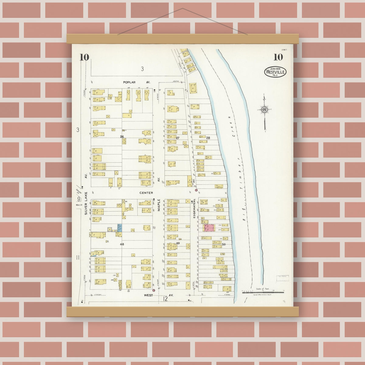 Old map wall art mockup — magnetic wood frame on brick wall — Sanborn Fire Insurance Map from Westville, Gloucester County, New Jersey (1926), Sheet #0010