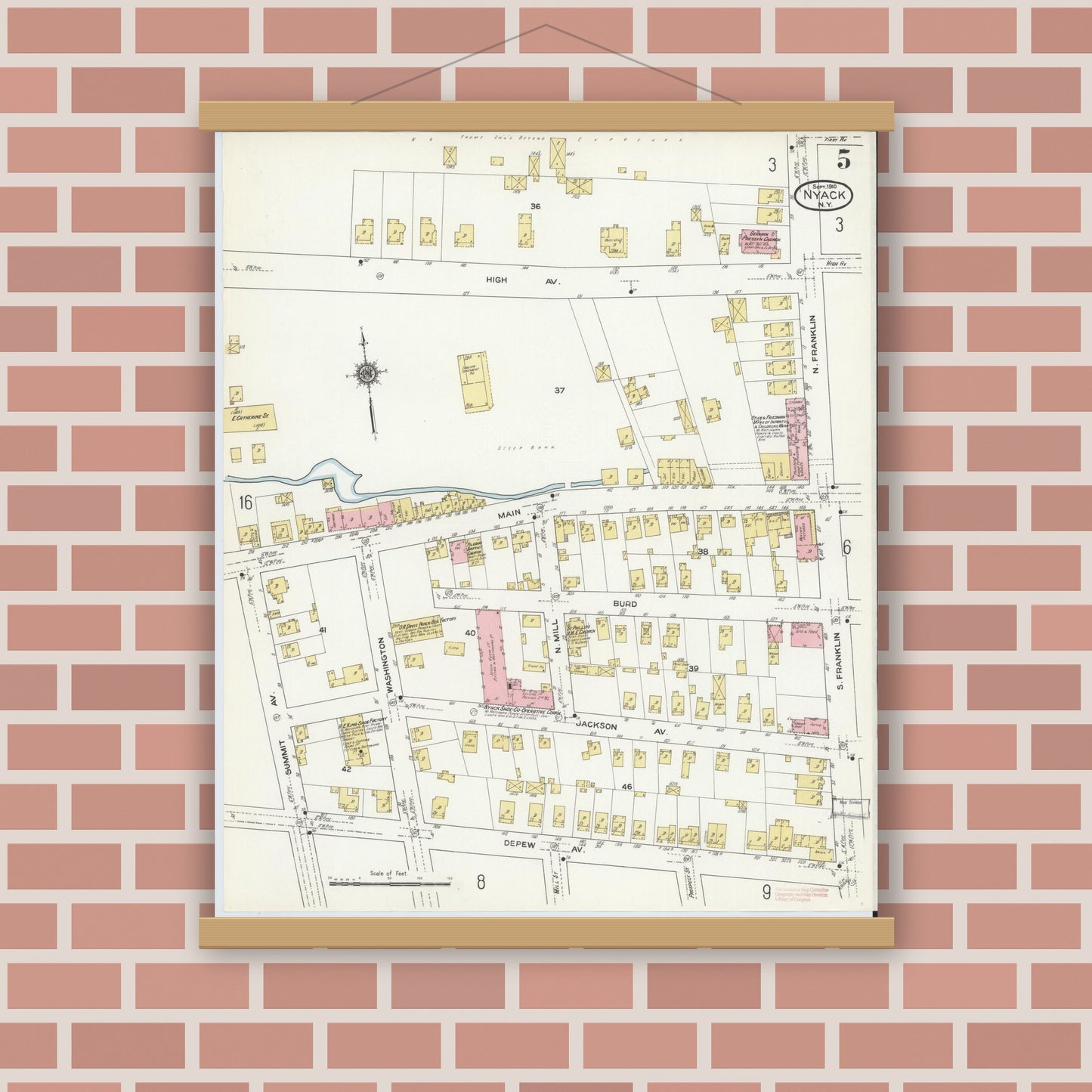 Old map wall art mockup — magnetic wood frame on brick wall — Sanborn Fire Insurance Map from Nyack, Rockland County, New York. (1910), Sheet #0005