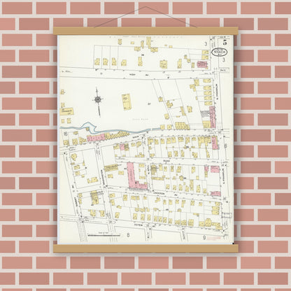 Old map wall art mockup — magnetic wood frame on brick wall — Sanborn Fire Insurance Map from Nyack, Rockland County, New York. (1910), Sheet #0005