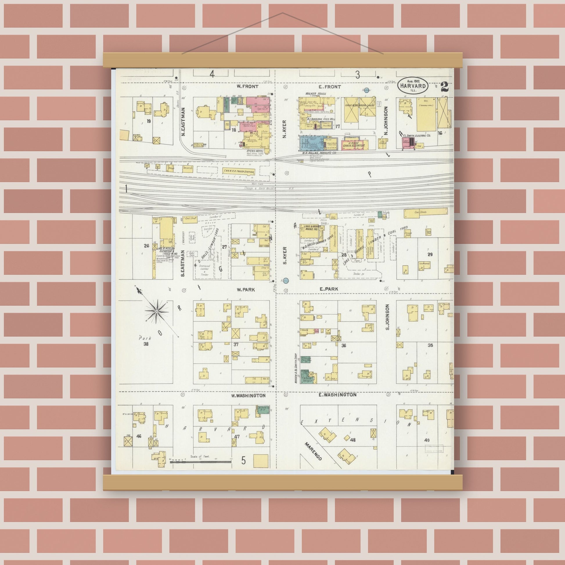 Old map wall art mockup — magnetic wood frame on brick wall — Sanborn Fire Insurance Map from Harvard, McHenry County, Illinois (1902), Sheet #0002