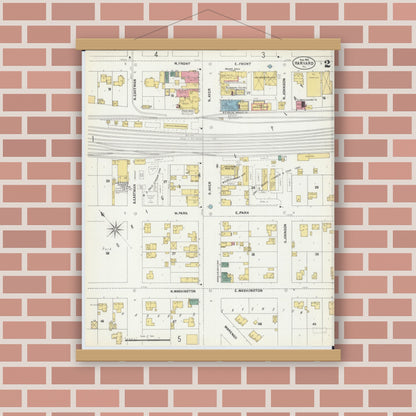 Old map wall art mockup — magnetic wood frame on brick wall — Sanborn Fire Insurance Map from Harvard, McHenry County, Illinois (1902), Sheet #0002