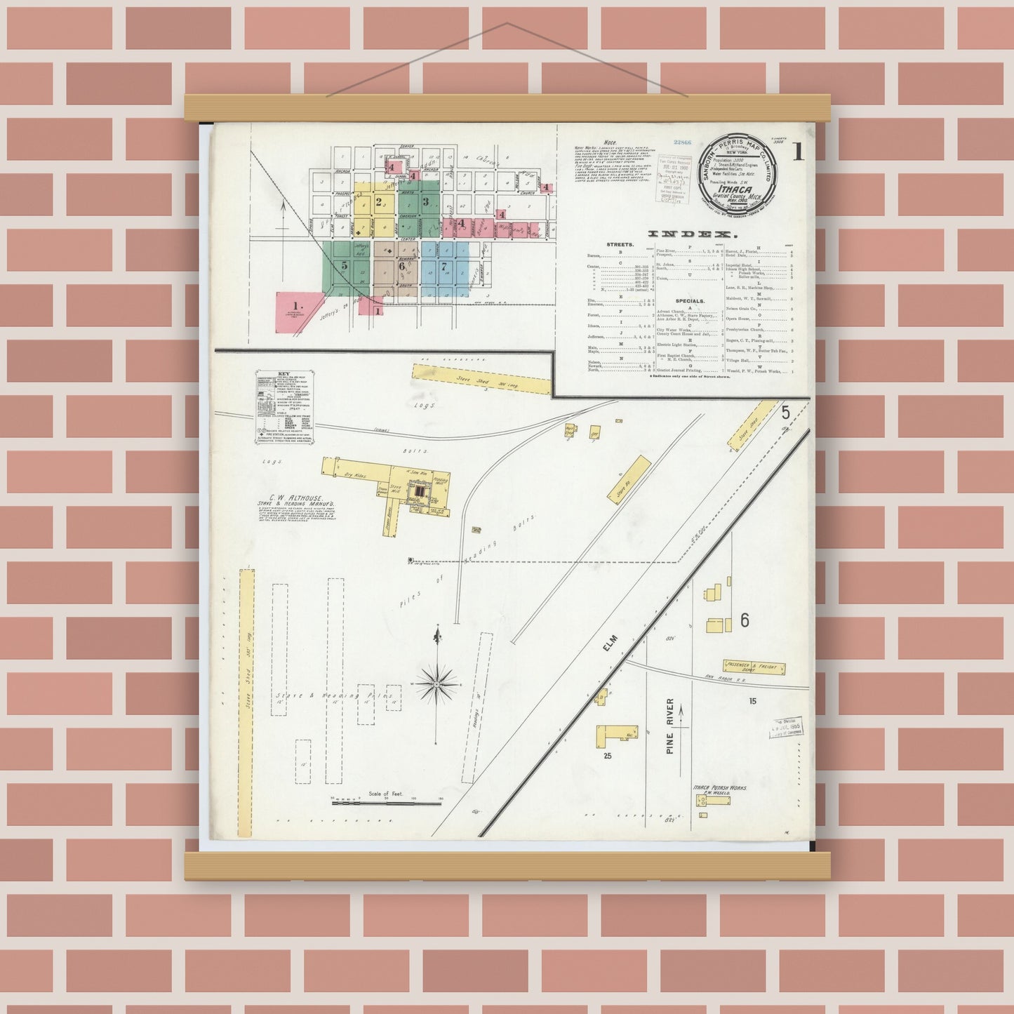 Old map wall art mockup — magnetic wood frame on brick wall — Sanborn Fire Insurance Map from Ithaca, Gratiot County, Michigan (1900) - Complete Map Set