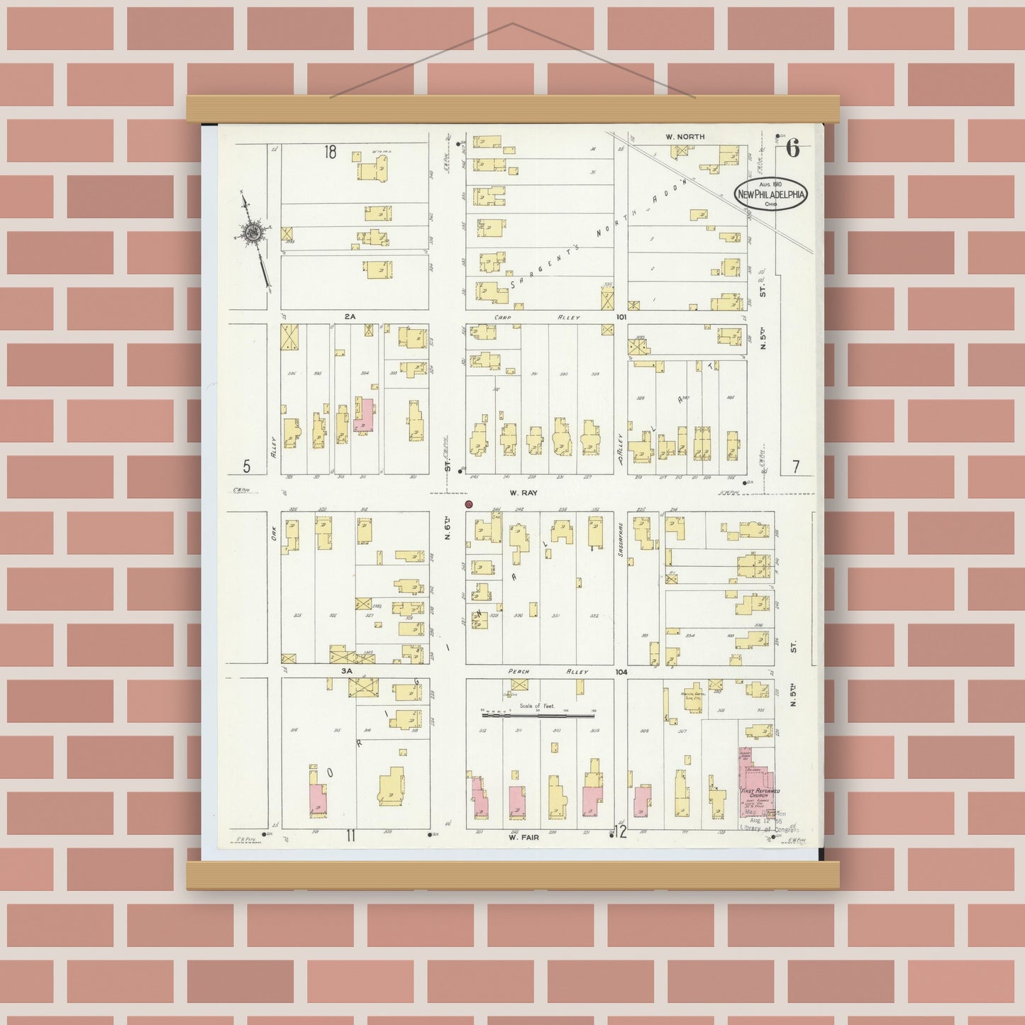 Old map wall art mockup — magnetic wood frame on brick wall — Sanborn Fire Insurance Map from New Philadelphia, Tuscarawas County, Ohio (1910), Sheet #0006