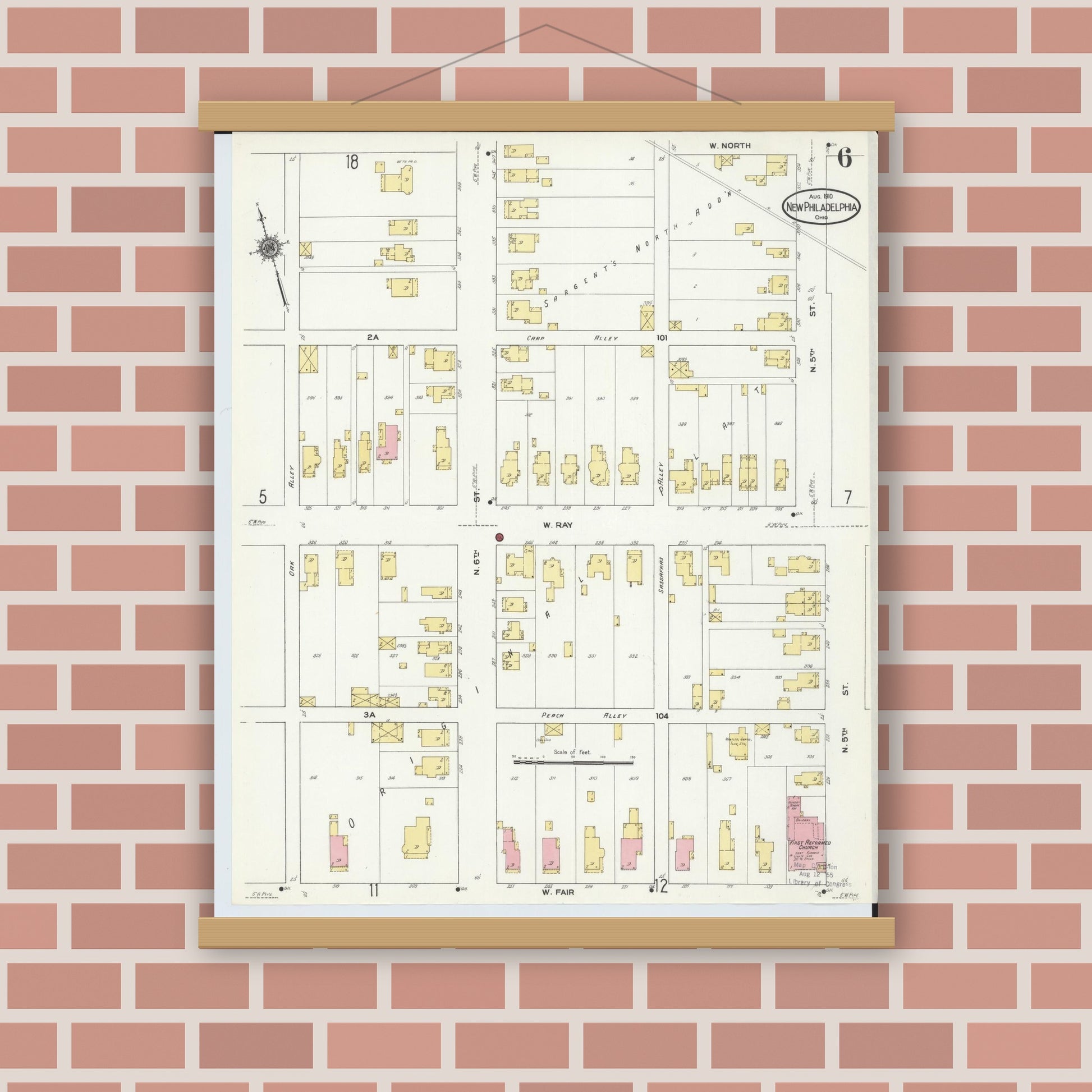 Old map wall art mockup — magnetic wood frame on brick wall — Sanborn Fire Insurance Map from New Philadelphia, Tuscarawas County, Ohio (1910), Sheet #0006