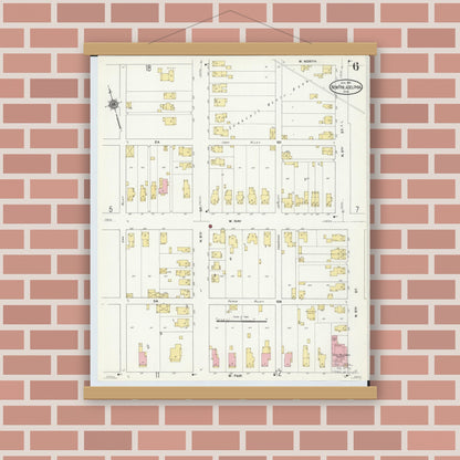 Old map wall art mockup — magnetic wood frame on brick wall — Sanborn Fire Insurance Map from New Philadelphia, Tuscarawas County, Ohio (1910), Sheet #0006