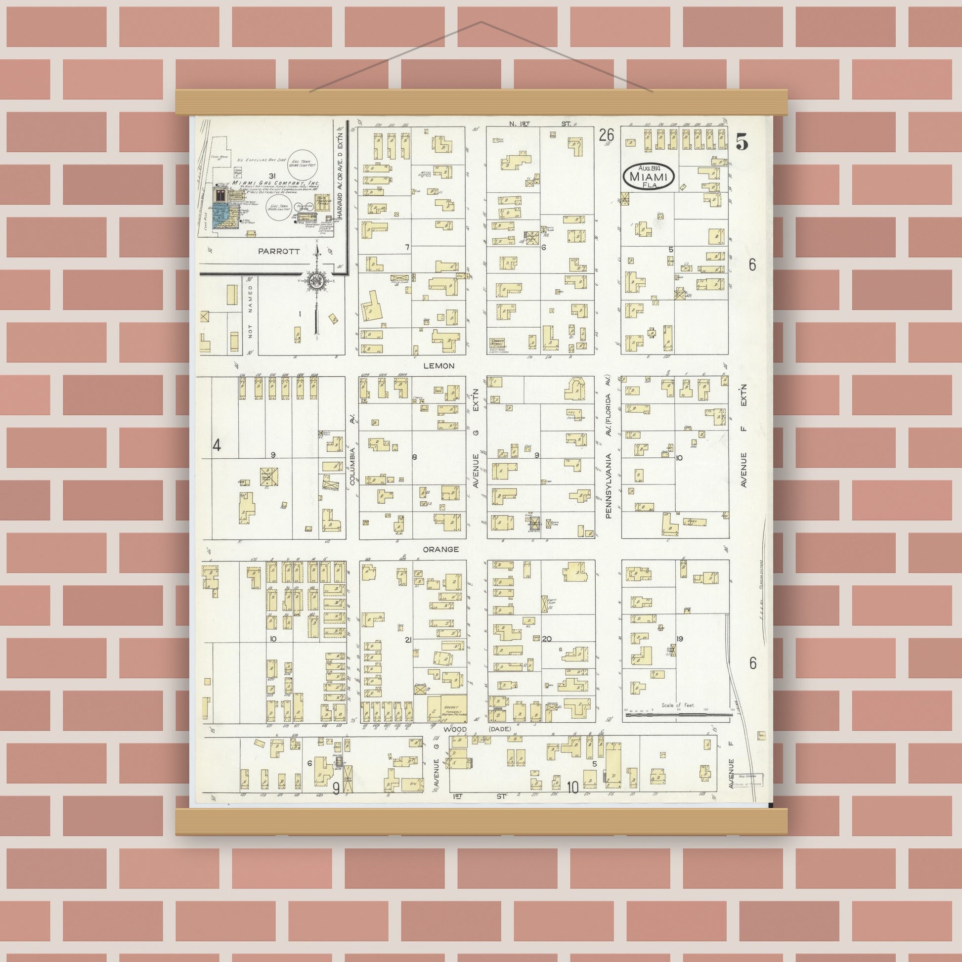 Old map wall art mockup — magnetic wood frame on brick wall — Sanborn Fire Insurance Map from Miami, Dade County, Florida (1914), Sheet #0005