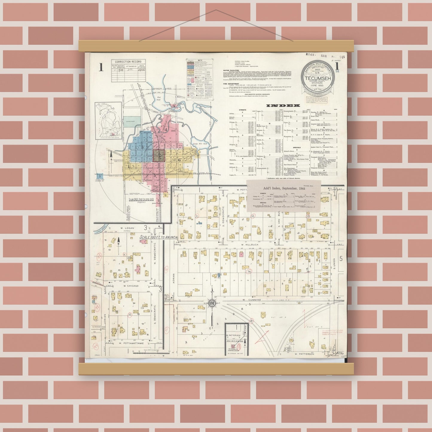Old map wall art mockup — magnetic wood frame on brick wall — Sanborn Fire Insurance Map from Tecumseh, Lenawee County, Michigan (1944), Sheet #0001