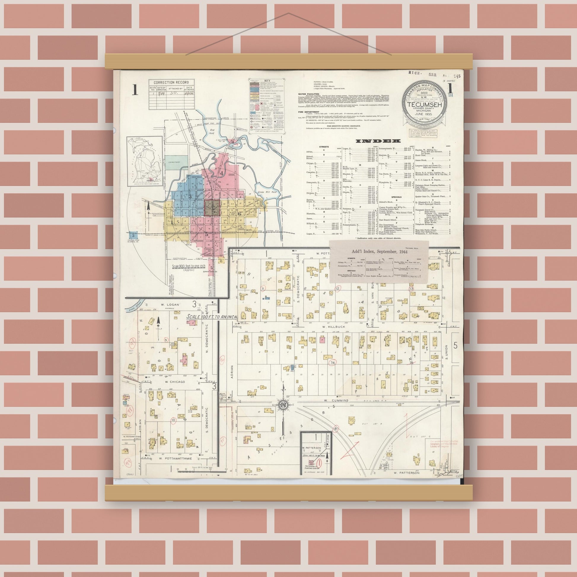 Old map wall art mockup — magnetic wood frame on brick wall — Sanborn Fire Insurance Map from Tecumseh, Lenawee County, Michigan (1944), Sheet #0001