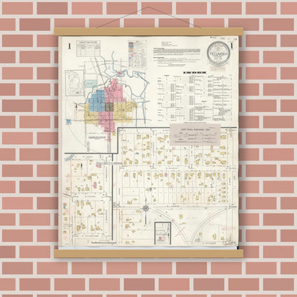 Old map wall art mockup — magnetic wood frame on brick wall — Sanborn Fire Insurance Map from Tecumseh, Lenawee County, Michigan (1944), Sheet #0001